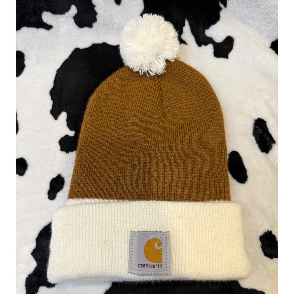 Carhartt Brown White Color Block Pom Pom Beanie Knit Hat Women's OS